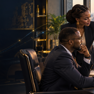 Professionnels congolais configurant un assistant d’intelligence artificielle dans un bureau à Kinshasa