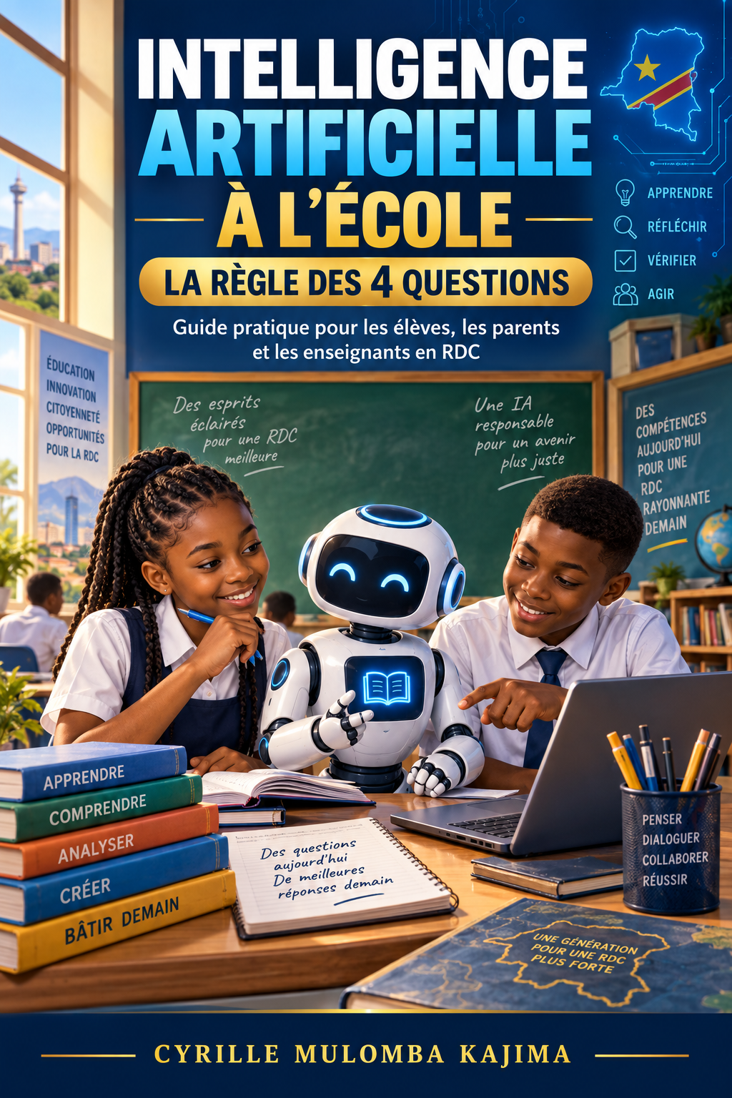 Couverture de l’ebook Intelligence artificielle à l’école — La règle des 4 questions de Cyrille Mulomba Kajima