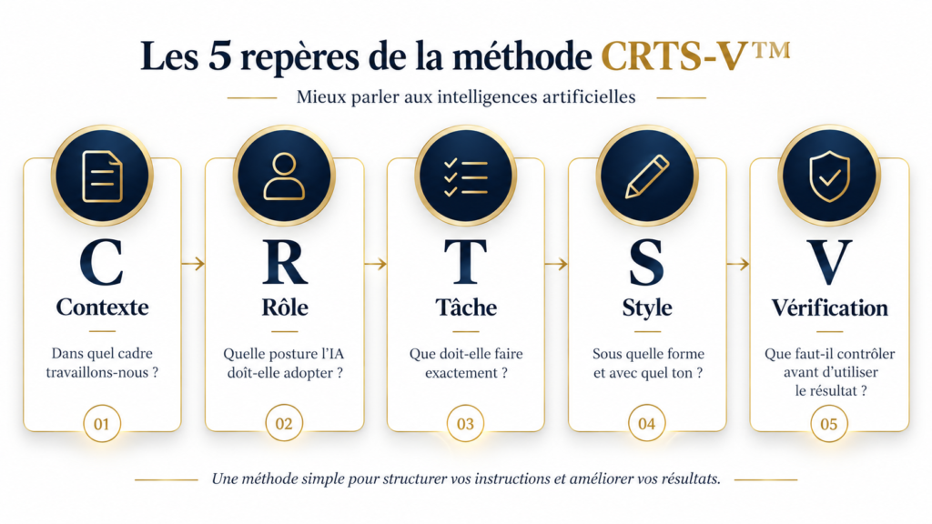 Schéma des cinq repères de la méthode CRTS-V™ : Contexte, Rôle, Tâche, Style et Vérification